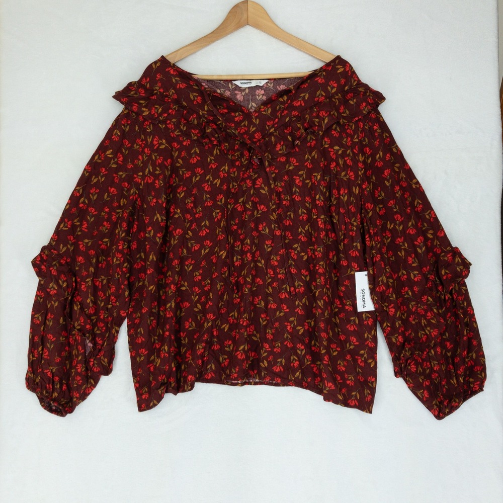 Sonoma Floral Blouse Womens 2X Red Burgundy Ruffle Cottage Peasant New